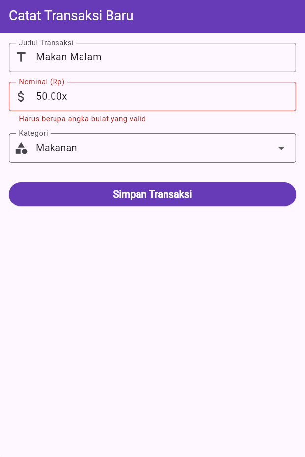 Output form Catat Transaksi Baru dengan pesan error